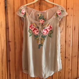 Johnny Was Embroidered and rose appliqué top